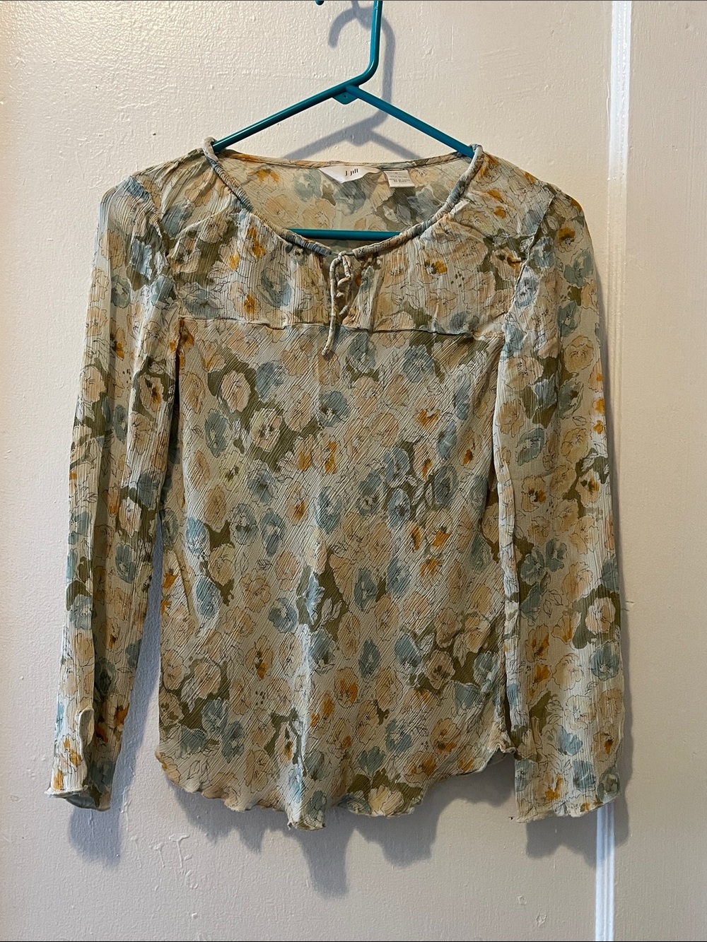 Floral Tie-Front Long-Sleeve Blouse in Light Blue and Olive